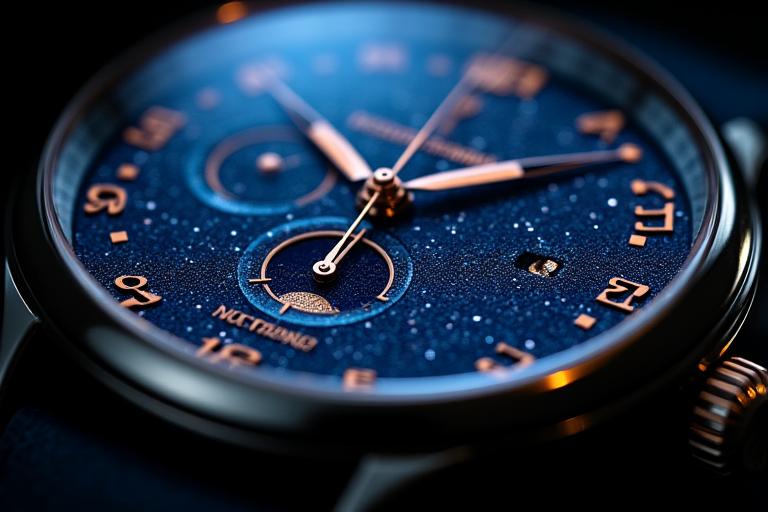 Un orologio su misura chiamato 'Notturno Romano' con un quadrante blu scuro che imita un cielo stellato, con dettagli luccicanti e un raffinato datario delle fasi lunari.
