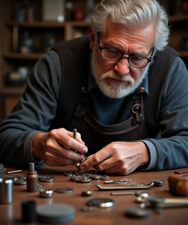 Un maestro orologiaio al lavoro su un orologio antico con una lente di ingrandimento, immerso nella precisione del suo lavoro.