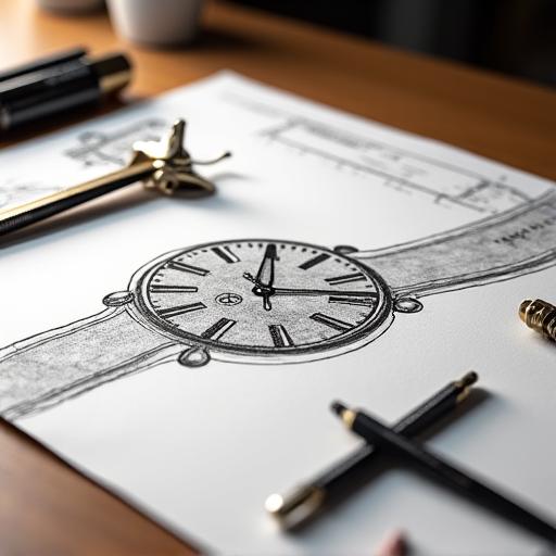 Schizzo dettagliato di progettazione di un orologio personalizzato su un tavolo da lavoro, con strumenti di disegno e un calibro di precisione.