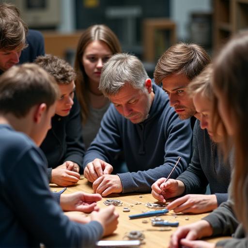 Un gruppo di persone curiose e attente osserva una dimostrazione pratica di orologeria, con il maestro che illustra delicati dettagli.