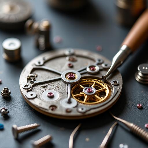 Dettaglio di un ingranaggio di un orologio antico in fase di restauro, con pinzette e piccoli attrezzi artigianali.