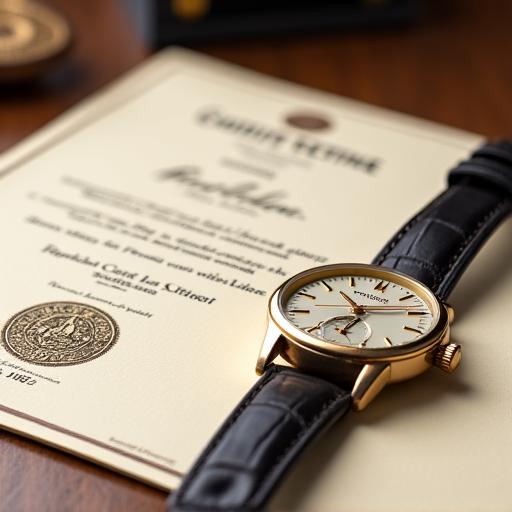 Un documento di certificazione ufficiale con sigillo, appoggiato accanto a un orologio vintage di lusso dal quadrante elegante.
